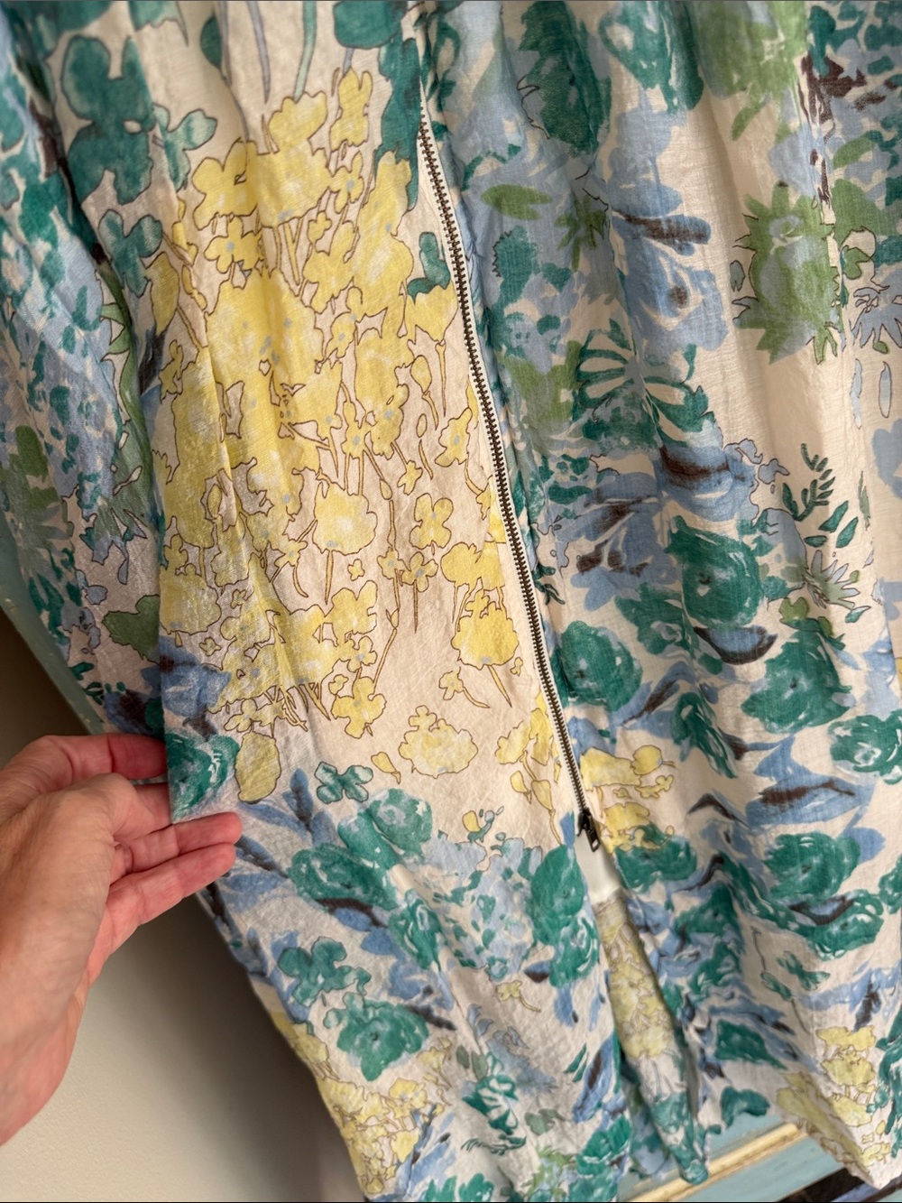 Gigio USA Floral Midi Dress Smocked Waist Zip Front Blue Green Medium - Picture 6 of 14